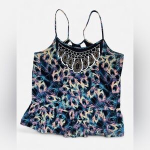 Teen Vogue Peacock Feather Print Top Sequins Beaded Size M
